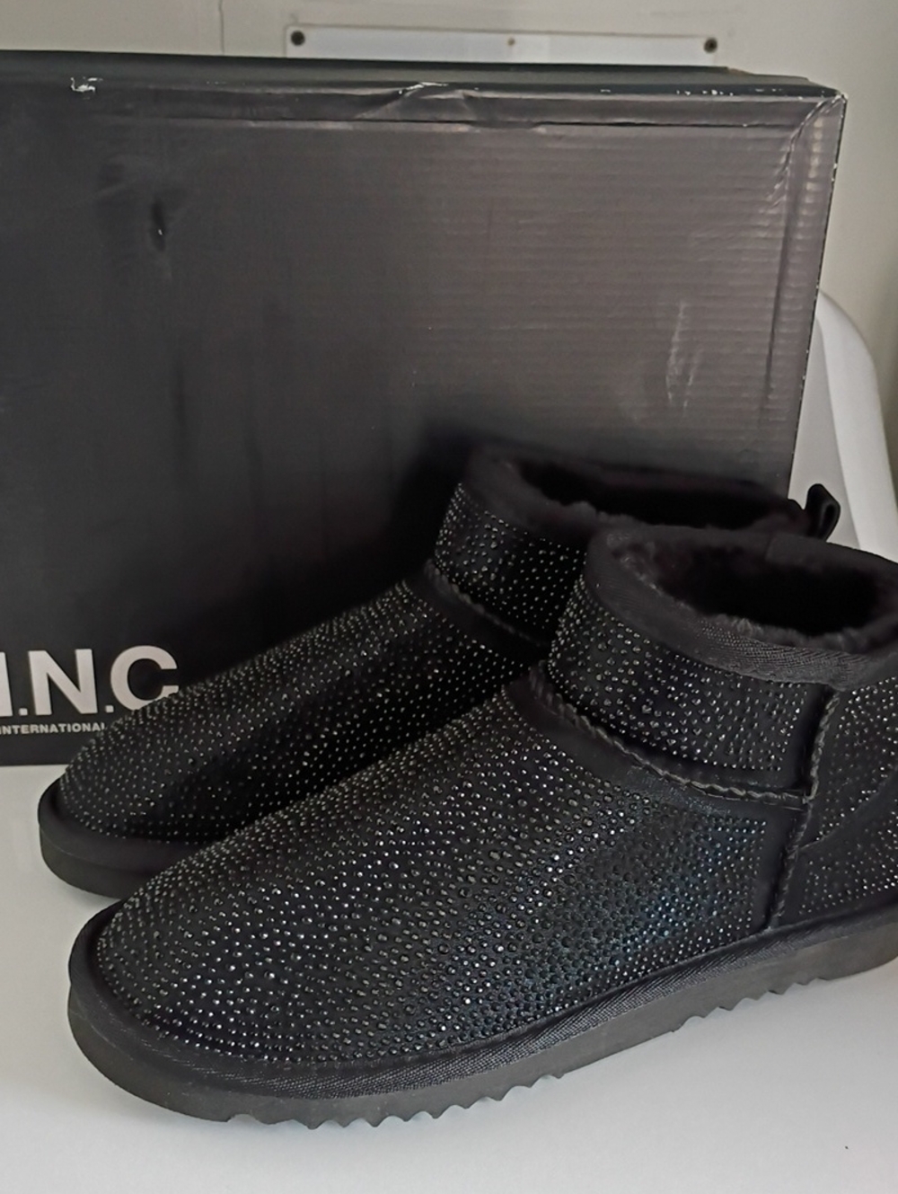 INC International Concepts Black Sparkle Faux-Fur Ankle Booties